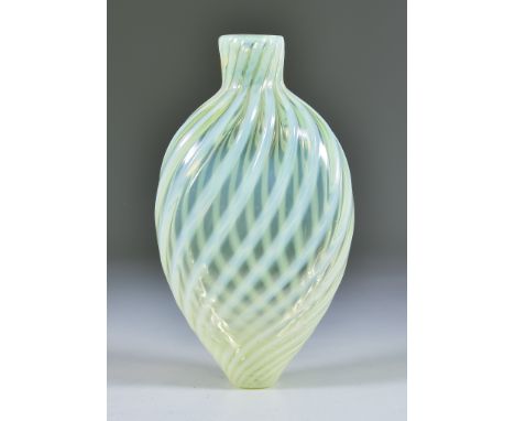 An English Vaseline Glass Flask,  probably by John Walsh Walsh, with opaque spiral reeded stripes, 7.75ins overall