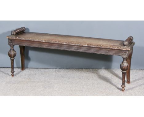 A Victorian Oak Hall Bench, with spiral turned handles on turned bulbous reeded and fluted front legs, 51ins wide x 12ins dee