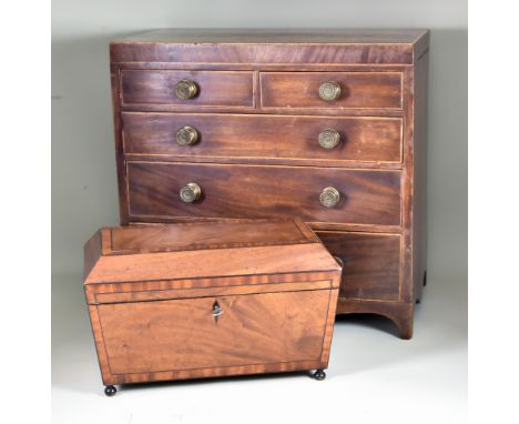 A Mahogany Miniature Chest, Georgian, and Mahogany Rectangular Tea Caddy, George III,  the chest with square edge top, fitted