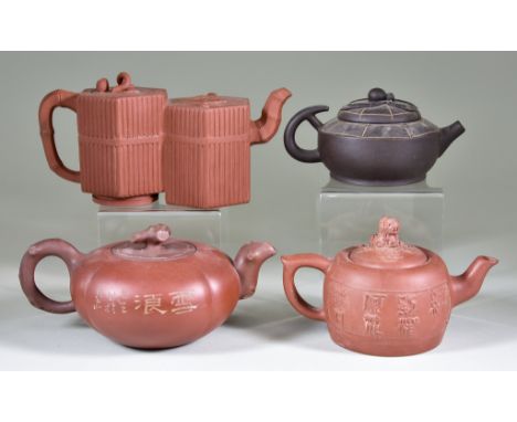 Four Chinese Yixing Teapots and Covers, including double teapot, each section of hexagonal outline, 4.25ins (10.8cm) high, an