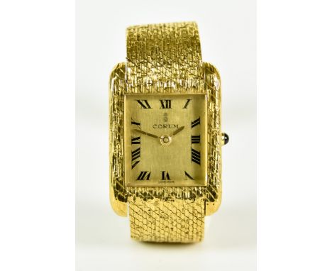An 18ct Gold Lady's Manual Wind Wristwatch by Corum, 22mm diameter case, champagne dial with black Roman baton numerals, inte