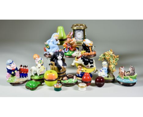 Seventeen Halcyon Days Bone China and Enamel Novelty Boxes and a Miniature Carriage Timepiece, 20th Century, including - nine