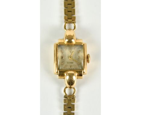 A Lady's 9ct Gold Manual Wind Cocktail Watch by Cyma, 16mm square case, silver dial with gold baton numerals, integral 9ct go