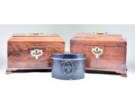 A Mahogany Rectangular Three-Division Tea Caddy, 19th Century, with pagoda top on bracket feet, 10ins x 6ins x 7ins high, a G