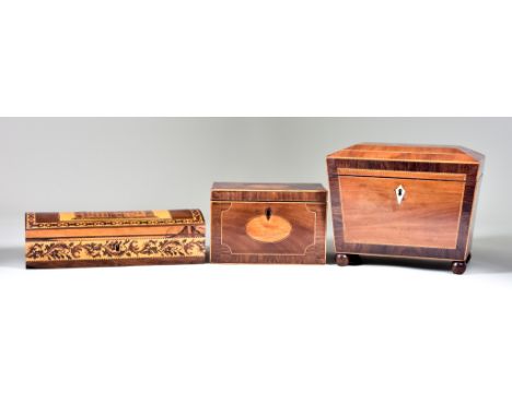 A Tunbridge Ware Dome Top Glove Box,  and Two Mahogany Rectangular Two-Division Tea Caddies, 19th Century, the glove box inla