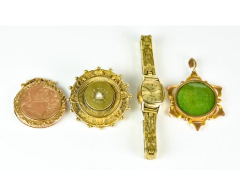 A Mixed lot of Yellow Metal, comprising - two pendants, brooch and rotary manual wind wristwatch (bracelet not gold), total g