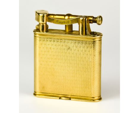 A 9ct Gold Cigarette Lighter by Dunhill, 50mm x 40mm, engine turned case with engraved cartouche, "RBD",  gross weight 41g