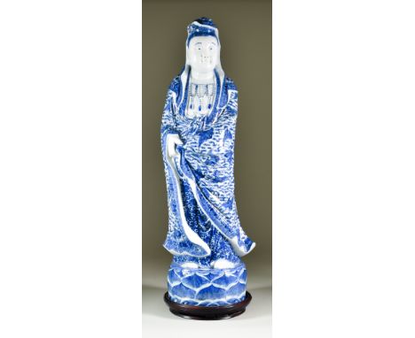 A Chinese Porcelain Blue and White Figure of the Standing Guan Yin, 20th Century, with raised seal mark to base, 20ins (50.8c