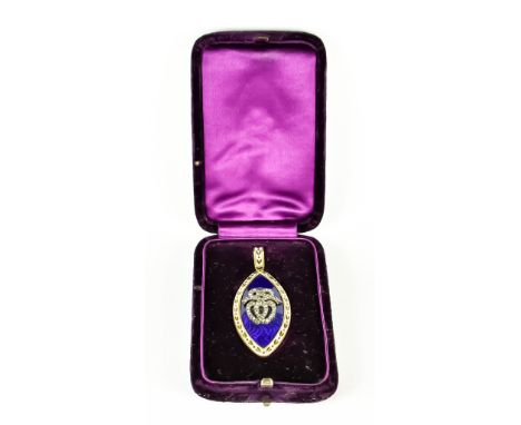 An Enamelled Sweetheart Pendant, Late 19th/ Early 20th Century, a shield shaped pendant,  57mm x 24mm, decorated with blue en