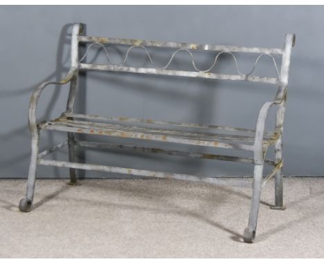 A 20th Century Steel Garden Bench, of slatted form with scroll ends