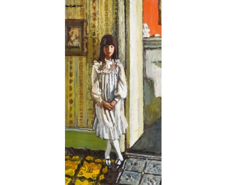 ***Charles James McCall (1907-1989) - Oil painting - Full length portrait of a young lady wearing nightgown standing in doorw