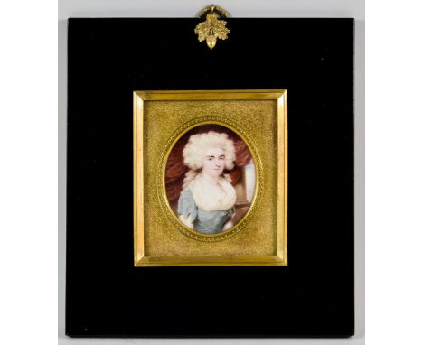 Late 18th Century English School - Miniature - Portrait of young lady with blue dress and fashionably dressed hair, oval 2.37