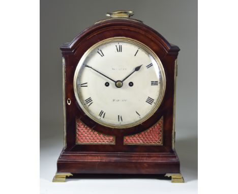 A George III Mahogany Mantle Clock, by Dowsett of Margate, the 8ins cream enamelled domed dial with Roman numerals, to the ei