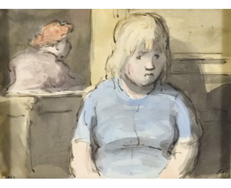 ***Edward Ardizzone (1900-1979) - Ink and watercolour sketch - Half-length seated portrait of a young woman wearing blue dres