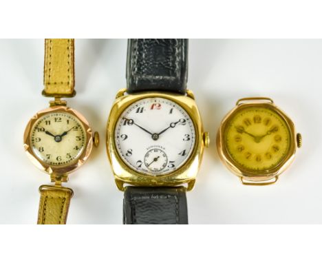 A 9ct Gold Gold Gentleman's Manual Wind Wristwatch, Early 20th Century, by Longines, square cushion case, 30mm, white enamell