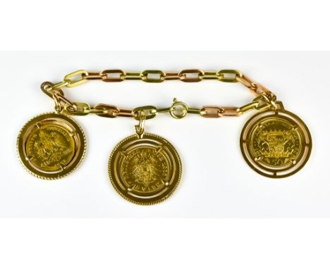 A 14ct Gold Chain Link Bracelet, suspended with two German ten mark gold coins, 1888, 1892 and one 50 mark gold coin, 1918, e