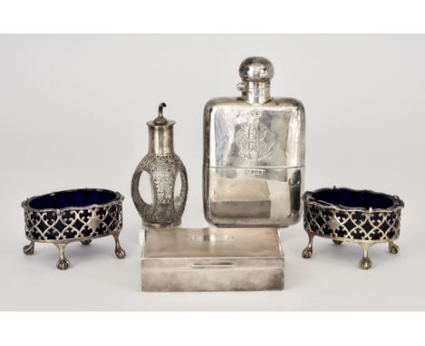 An Edward VII Silver Rectangular Hip Flask and Mixed Silverware, the hip flask by G &amp; J W Hawksley, Sheffield 1906, with 