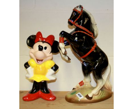 A large Melba ware ceramic circus horse and a Minnie Mouse figure.