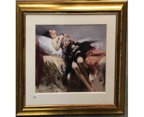 A gilt framed signed artist's proof lithograph of a young woman, frame 91 x 85cm.