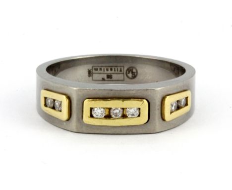 A gentleman's 18ct yellow gold and titanium diamond set ring, (X).