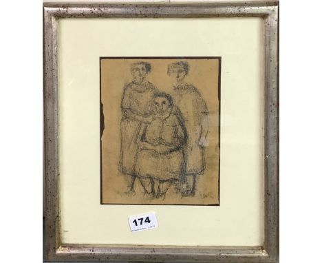 An interesting framed pencil sketch on brown paper of three women, framed size 32 x 36cm.
