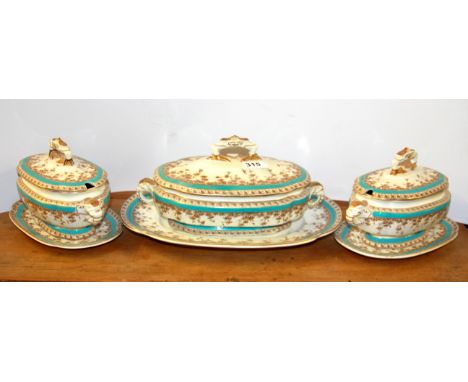 Three early 20th century Royal Worcester tureens and stands, largest tureen W. 30cm.