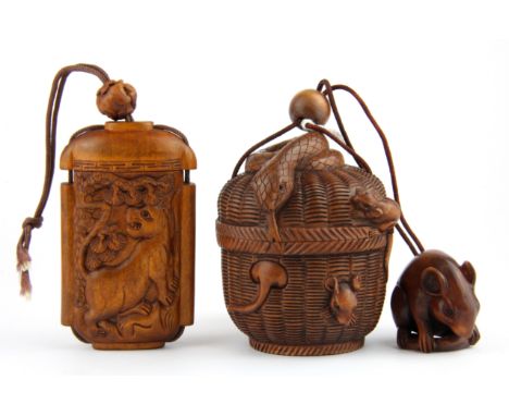 A carved fruitwood inro with ojime and netsuke and a further inro and ojime, basket H. 7cm.