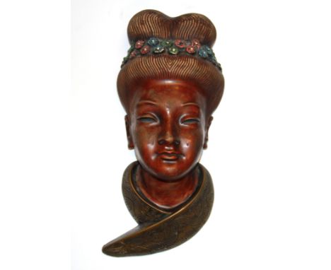 A 1950's ceramic wall plaque of a Japanese lady, H. 37cm.
