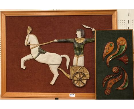A large 1960's ceramic wall sculpture mounted on hessien and in a pine frame, frame 81 x 61cm together with a smaller ceramic