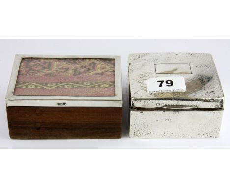 A hallmarked silver cigarette box and a silver mounted wooden box, first box 9 x 9 x 4.5cm.