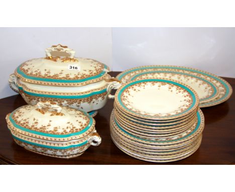 An early 20th century Royal Worcester part dinner service two meat plates, eight dinner plates, eight dessert plates, a large
