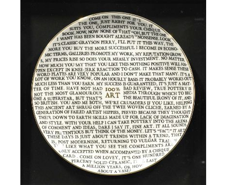 Grayson Perry RA (b.1960)"100% ART PLATE", (2020)China plate, with artist's seal printed to base, produced for the Holburne M