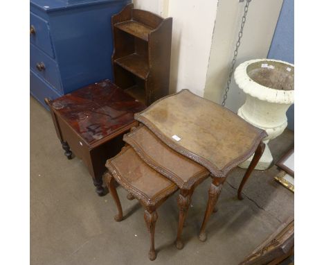 A brass covered log box, a commode, a small book shelf and a glass topped nest of tables 