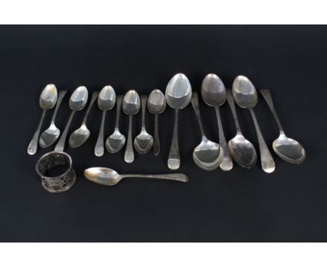 Six silver tablespoons and ten silver teaspoons, with a pierced silver napkin ring