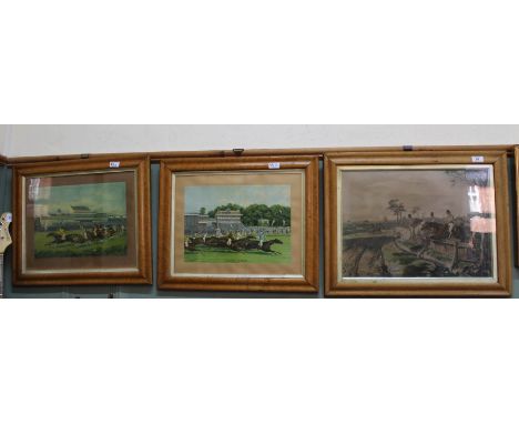 A 19th Century maple framed hunting print plus a pair of oleographs, 'Eclipse Stakes Sandown Park' and 'Fred Archers Last Der