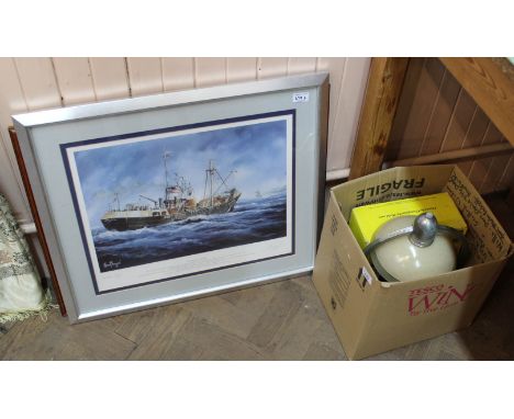 Four Henselite lawn bowls, Art Deco ceiling light plus two Norman Thompson nautical prints