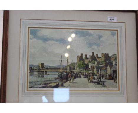 Leonard Squirrell coloured print, Conway river front scene, signed in pencil, 10" x 14"