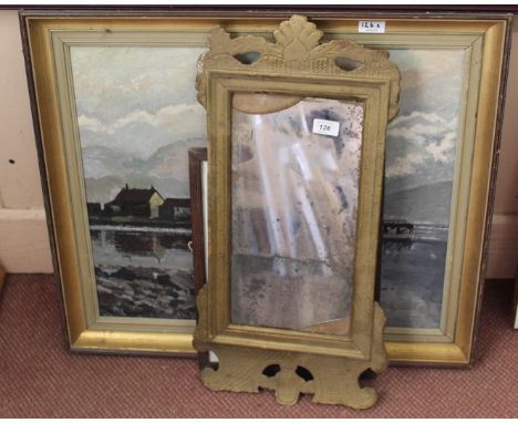 A 19th Century gilt wall mirror (as found), Sylvia Renison oil on board of Corpach Scotland plus a pencil drawing