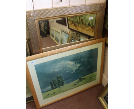 A rectangular gilt mirror plus a rural scene print