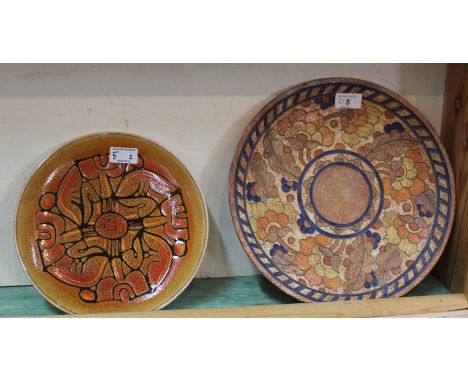A Charlotte Rhead orange and floral tube lined charger plus a Poole Aegean plate