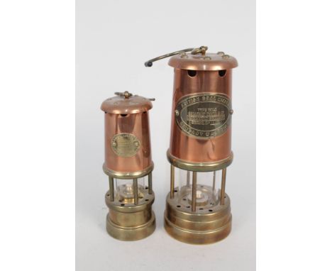 Two brass and copper miners lamps, Hockley Lamp and Limelight Co plus British Coal Mining Co Wales, Aberaman Colliery