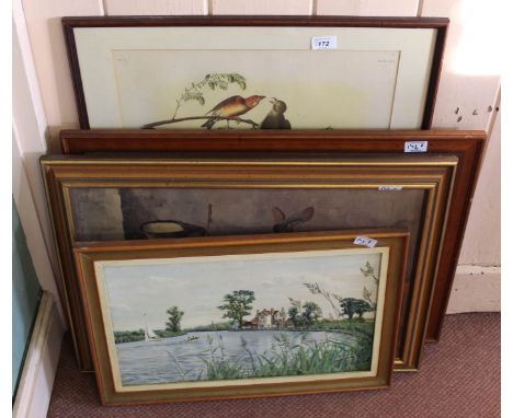 A 1960 Audobon bird print, a river scene oil on board plus various others