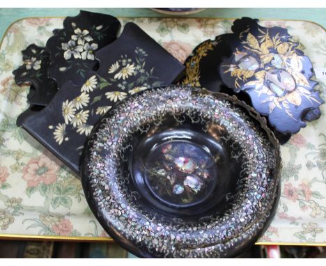 Three Victorian papier mache wall pockets plus a mother of pearl inlaid basket