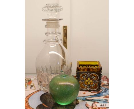 A Georgian triple ring decanter, John Ditchfield apple plus other tea light holder