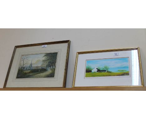 G.V.Burwood 1893 watercolour of a country church plus a John McConnell farm scene print