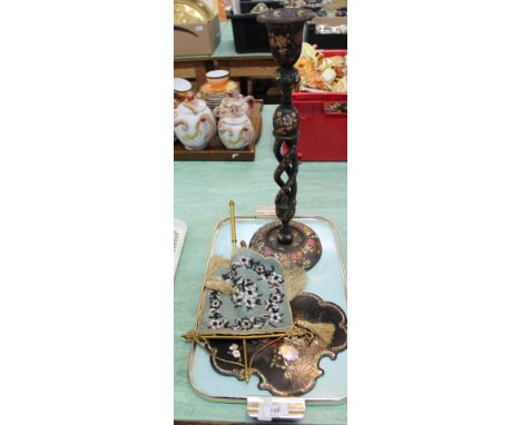 Victorian beadwork, lacquer hand screens plus a Kashmiri barley twist candlestick