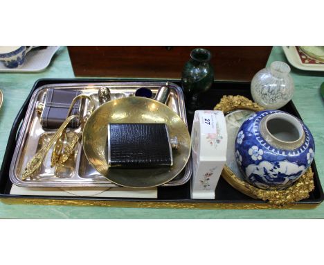 A silver plated hors d'oeuvres dish, hip flask plus china and glass