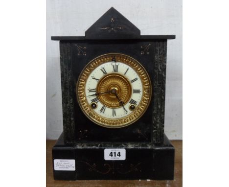 A late Victorian black slate and marble cased mantel clock with Ansonia gong striking movement