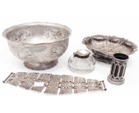 A white metal pedestal bowl, part belt, inkwell, Russian marked 84 white metal pedestal bowl (a/f) and English silver toothpi
