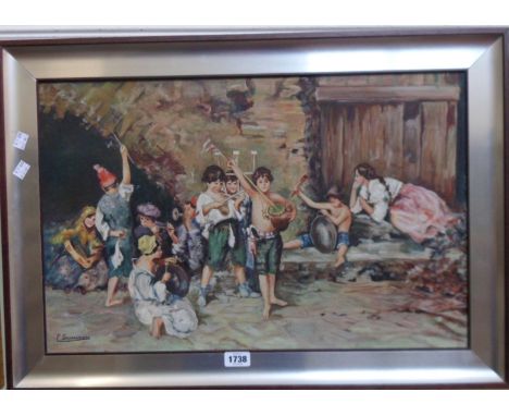 P. Scannapieco: a framed oil on canvas, depicting children playing improvised musical instruments - signed